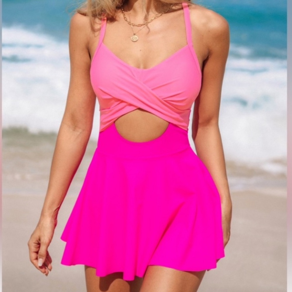 B2prity NEW Two-Tone Pink Cutout One Piece Swimsuit Dress Large